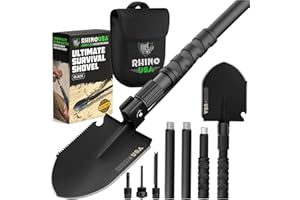 Rhino USA Survival Shovel w/Pick - Heavy Duty Carbon Steel Military Style Entrenching Tool for Off Road, Camping, Gardening, 