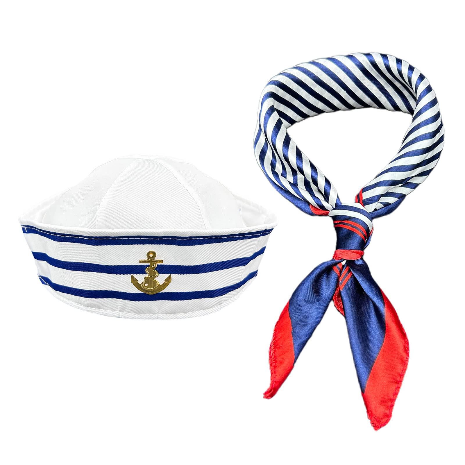 MIVAIUN Stripes Sailor Hat and Scarf Set，Blue and White Striped Sailor Captains Hat＆Red Edge Blue Bar Square Scarf，Navy Outfit Dressing Up Party for Women Men Costume Accessory
