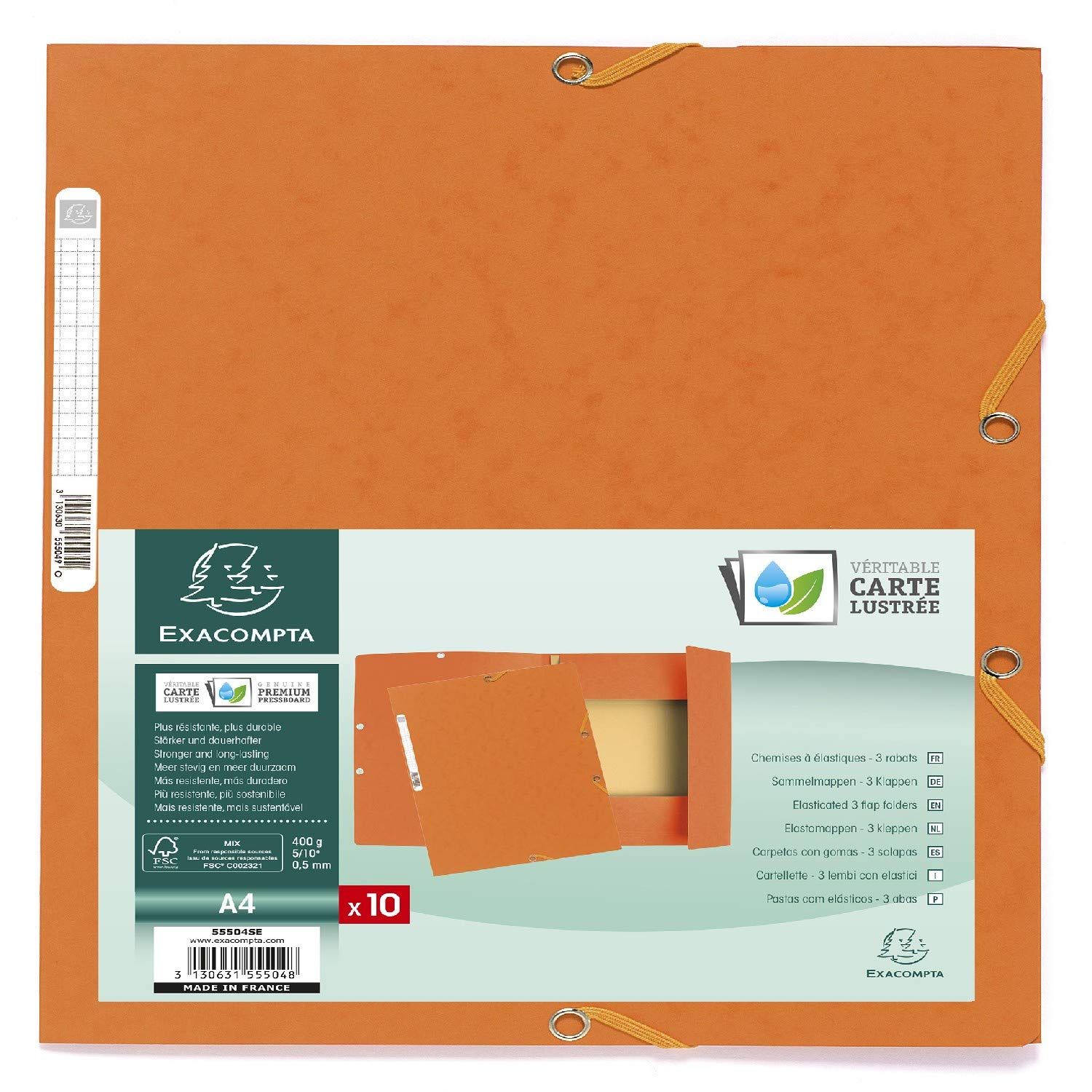 Exacompta - Ref 55504SE - Elasticated 3-Flap Folders - Suitable for Holding A4 Documents, 400gsm Glossy Card, Spine Label for Identification - Orange (Pack of 10) — image 1