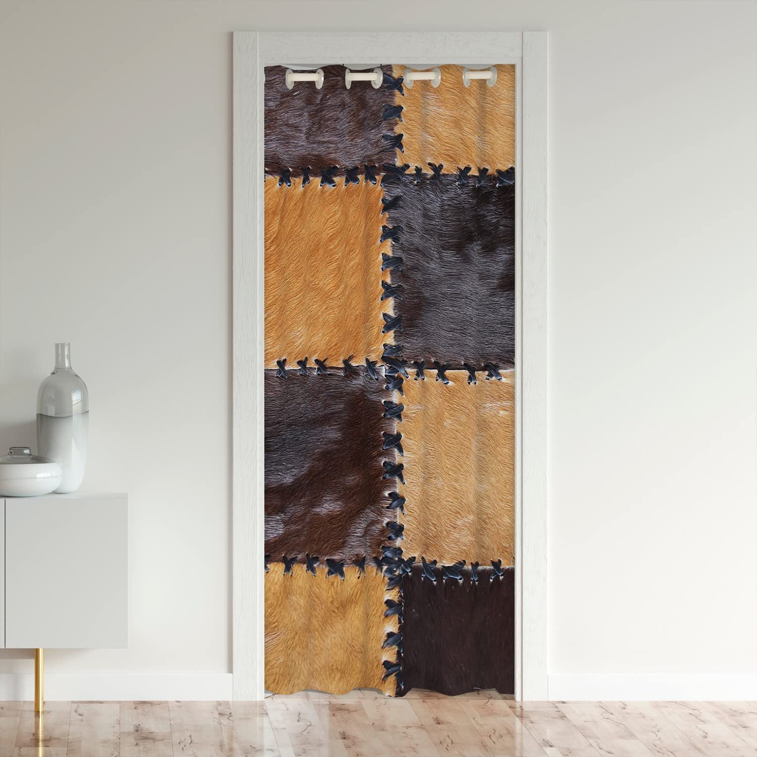 Loussiesd Cow Fur Door Curtain for Doorway Privacy Geometric Plaid Grid Cowhide Closet Door Cover Curtain Western Farmhouse Darkening Blackout Curtain Animal Skin 86x203cm 1 Panel