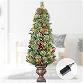 Gfilay 4ft Prelit Outdoor Christmas Tree with Timer Plug, Mixed Pine Potted Tree with 100 LED Lights and Red Berries, Weather-Resistant Front Door Porch Decor for Indoor Outdoor Holiday Use
