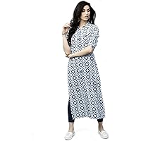 AnjuShree Choice Women Stitched Straight White Blue Printed Cotton Kurti