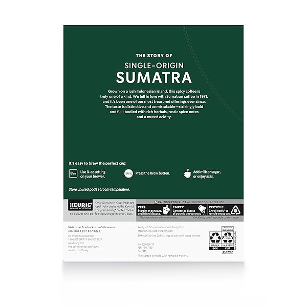 STARBUCKS K-CUP COFFEE PODS, DARK ROAST COFFEE, SUMATRA, 100% ARABICA, 1 BOX (32 PODS)