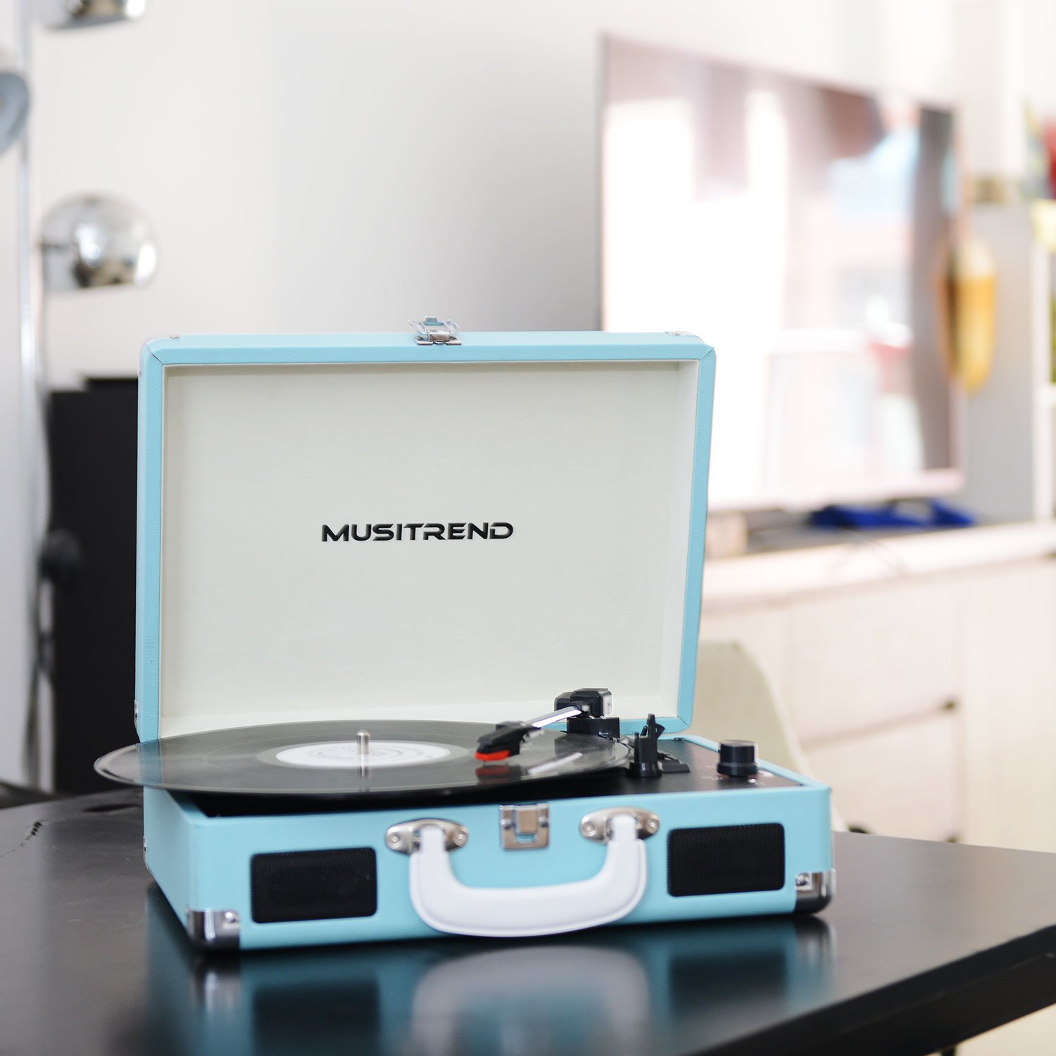 Musitrend Record Player Vinyl Turntable with Speakers, 3 Speed Suitcase Record Player Support Vinyl-to-MP3 Recording, Headphone Jack, Aux Input/RCA line Out (Blue)
