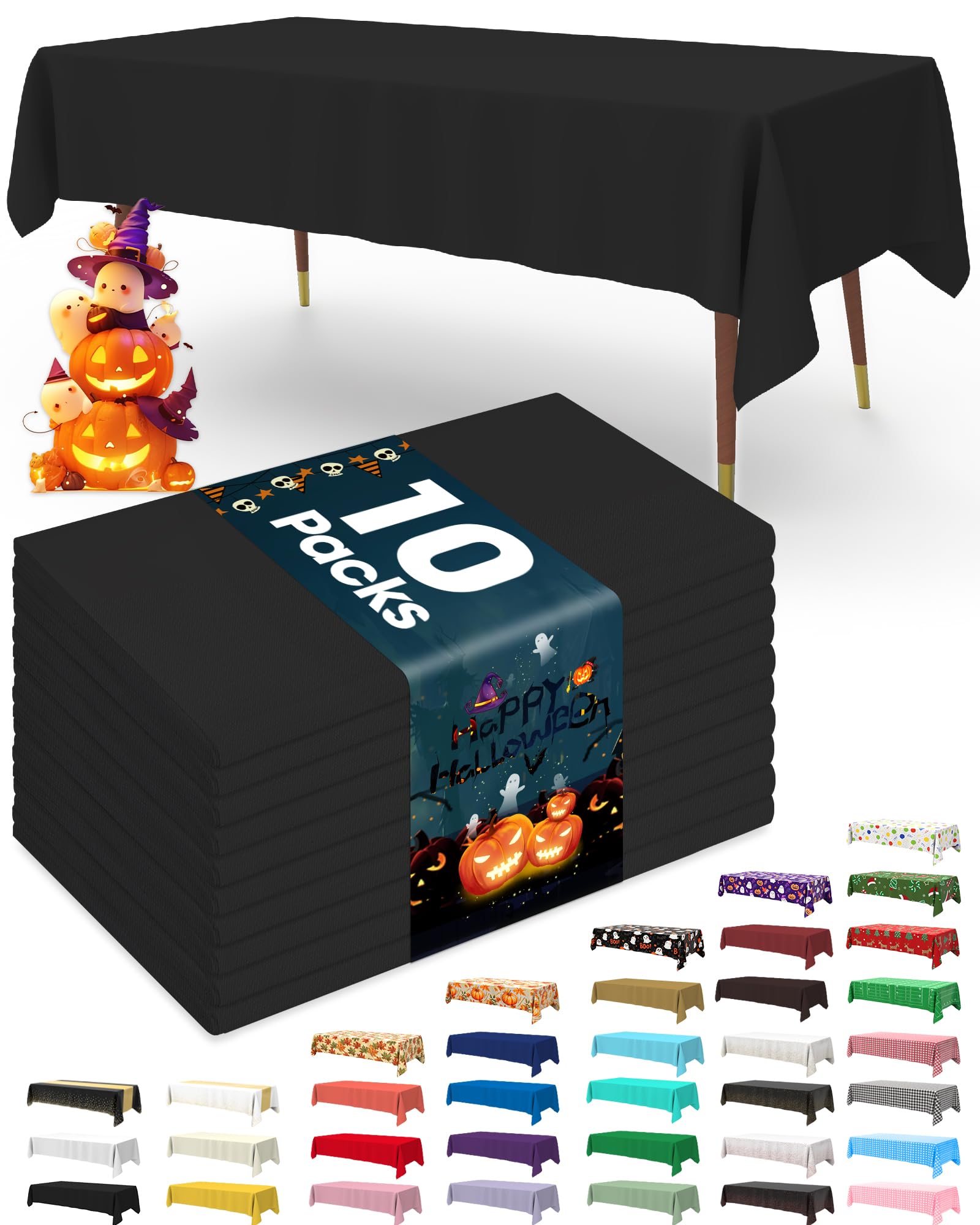 Photo 1 of Pureegg Plastic Table Cloth Disposable 10 Pack, 54 x 108 Inch Table Cloths, Halloween Party Decorations, Summerween Decor, Halloween Tablecloths, Rectangle, Plastic Cover, Leakproof & Sturdy, Black