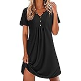Ekouaer Nightgowns for Women Cotton Night Gowns Pleated Nightshirts Henley V Neck Sleepshirts Short Sleeve Sleepwear