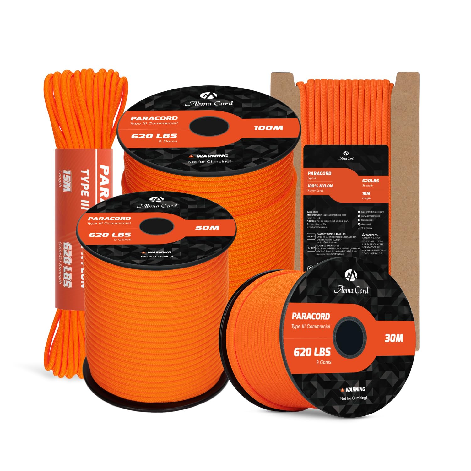 Abma Cord Paracord 4mm 15m 100% Nylon Rope 9 Strands Type III Parachute Cord for DIY, Camping, Survival, Outdoor - Max. 280kg - Orange
