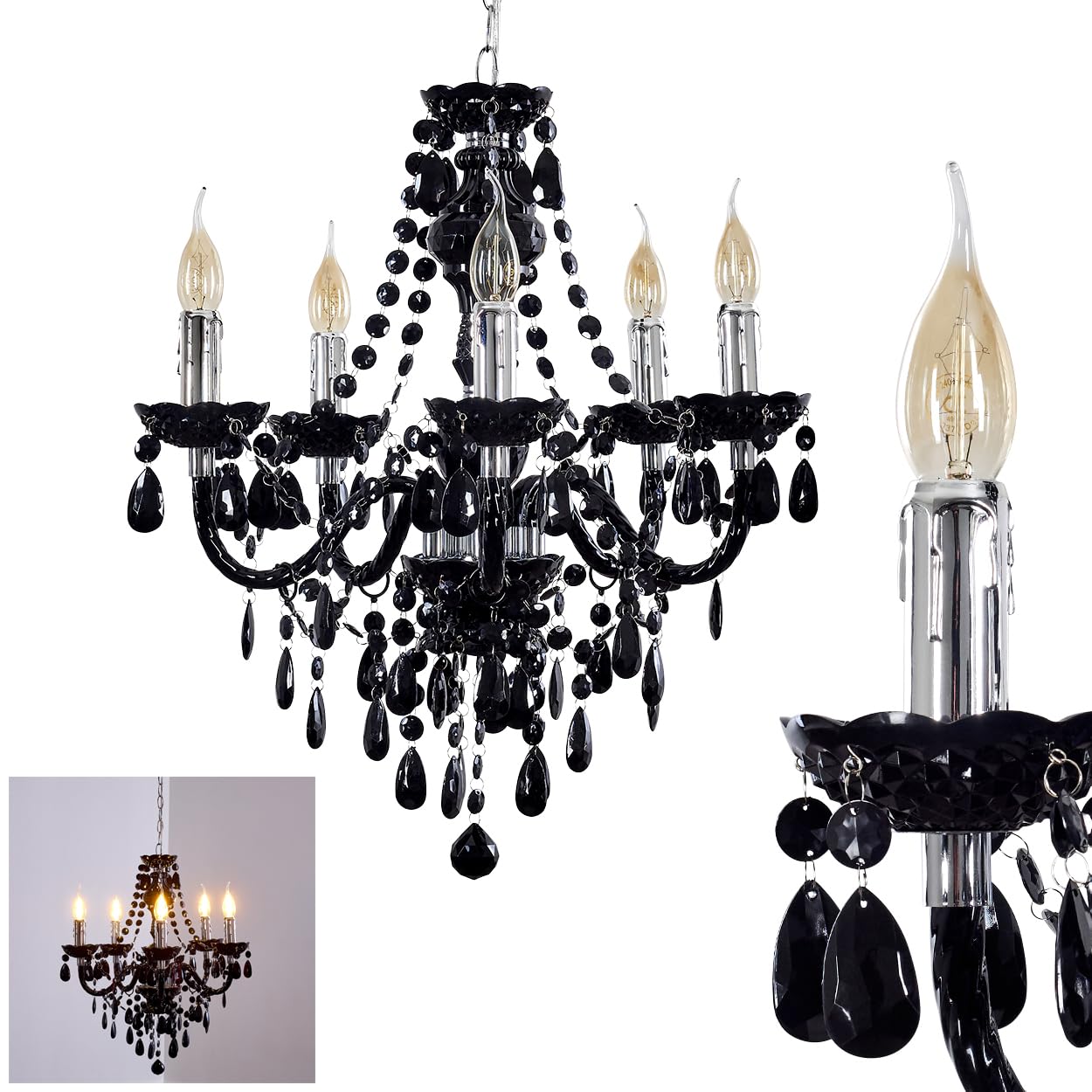 Chandelier Made of Metal in Black/Chrome, Hanging lamp 5-Flame, 5 x E14, Classic Pendant Light with Decorative Crystals, Vintage/Retro Design, Without Bulbs