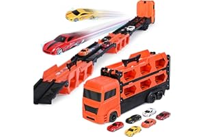 MADZEE Car Transporter Carrier Truck Toy for Kids, 64 Inch Race Track and 6 Toy Cars. Great Gift Set for Kids Boys Girls