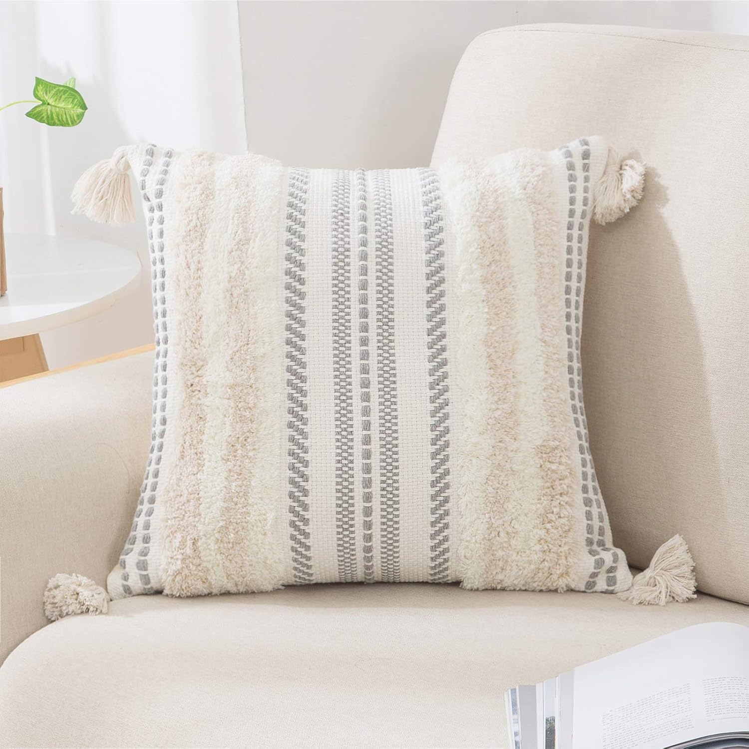 decorUhome Boho Decorative Throw Pillow Cover for Bed Bedroom Neutral Accent Cushion Cover Tufted Woven Pillow Case, 18x18, Beige: Home & Kitchen