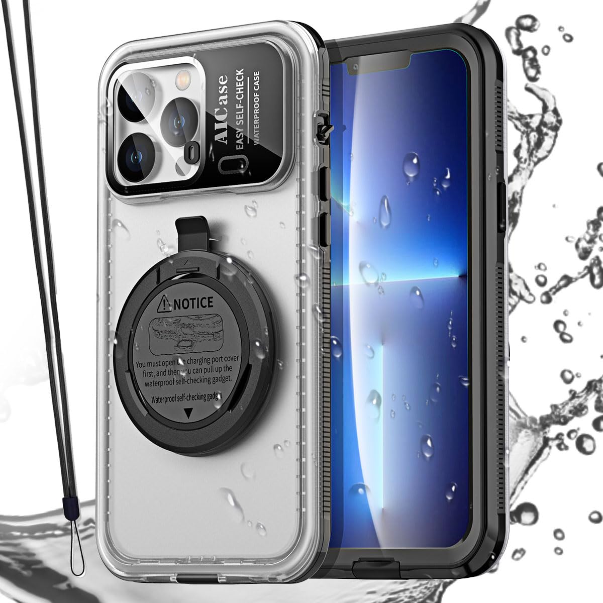 AICase Self-Check Waterproof Phone Case for iPhone 13 Pro, Underwater Touchscreen Water Proof Dustproof Snowproof Diving Phone Case Built-in Screen Protector for Shower, Bike, Beach, Snorkeling — image 1