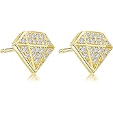 14K White Yellow Gold Plated Stud Earrings for Men Women, Hypoallergenic Princess Round Cut 0.6CT-2.8CT Cubic Zirconia Square Round Halo Stud Earring, Iced Out CZ Studs Jewelry for Men, 9.5-11MM