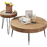 RUSTOWN Farmhouse Round Coffee Table Set of 2, Cocktail Table Set, Modern Circle Natural Wood Finsh Side and End Table Sets f