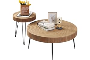 RUSTOWN Farmhouse Round Coffee Table Set of 2, Cocktail Table Set, Modern Circle Natural Wood Finsh Side and End Table Sets for Living Room(Helical, Natural)