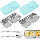 Herxsin 2pcs Grab and Go Snack Container Stainless Steel With Spoon & Fork, Reusable Snack Condiment Containers with Lids, 2 Compartment Lunch Meal Container for Travel Outdoor Camping
