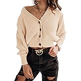 Febriajuce Women's Long Sleeve V-Neck Button Down Rib Knit Cropped Cardigan Sweater