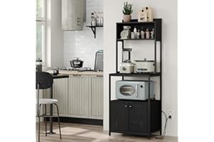 Furniouse 5-Tier Kitchen Bakers Rack with Power Outlet, Industrial Microwave Oven Stand with Storage, Kitchen Storage Shelf with Cabinet, Coffee cart, Standing Kitchen Storage Rack (Black)