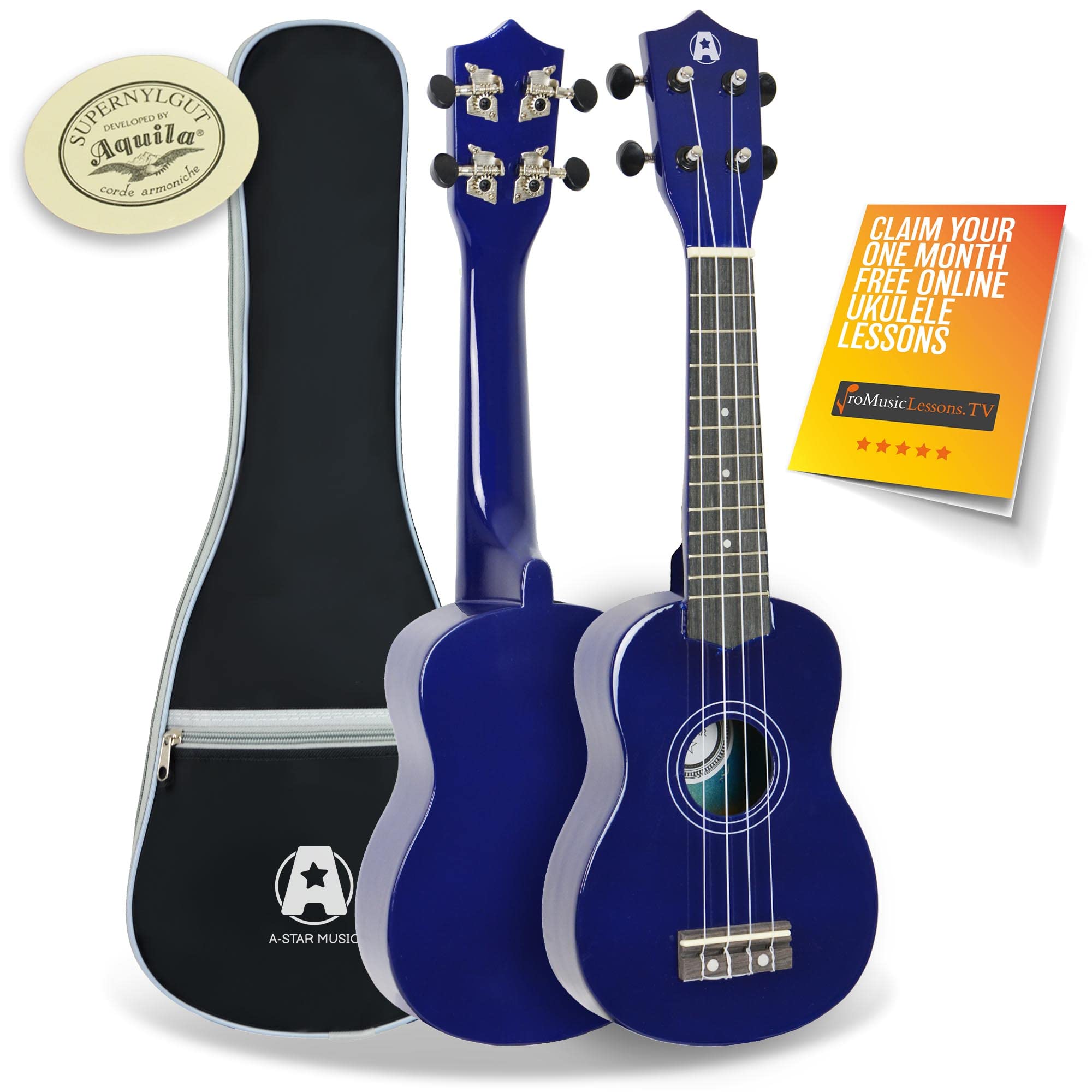 A-Star Soprano Beginner Ukulele in Blue with Premium Aquila Strings, FREE Padded Bag, Instrument for Adults/Kids with FREE 1 Month Online Lessons