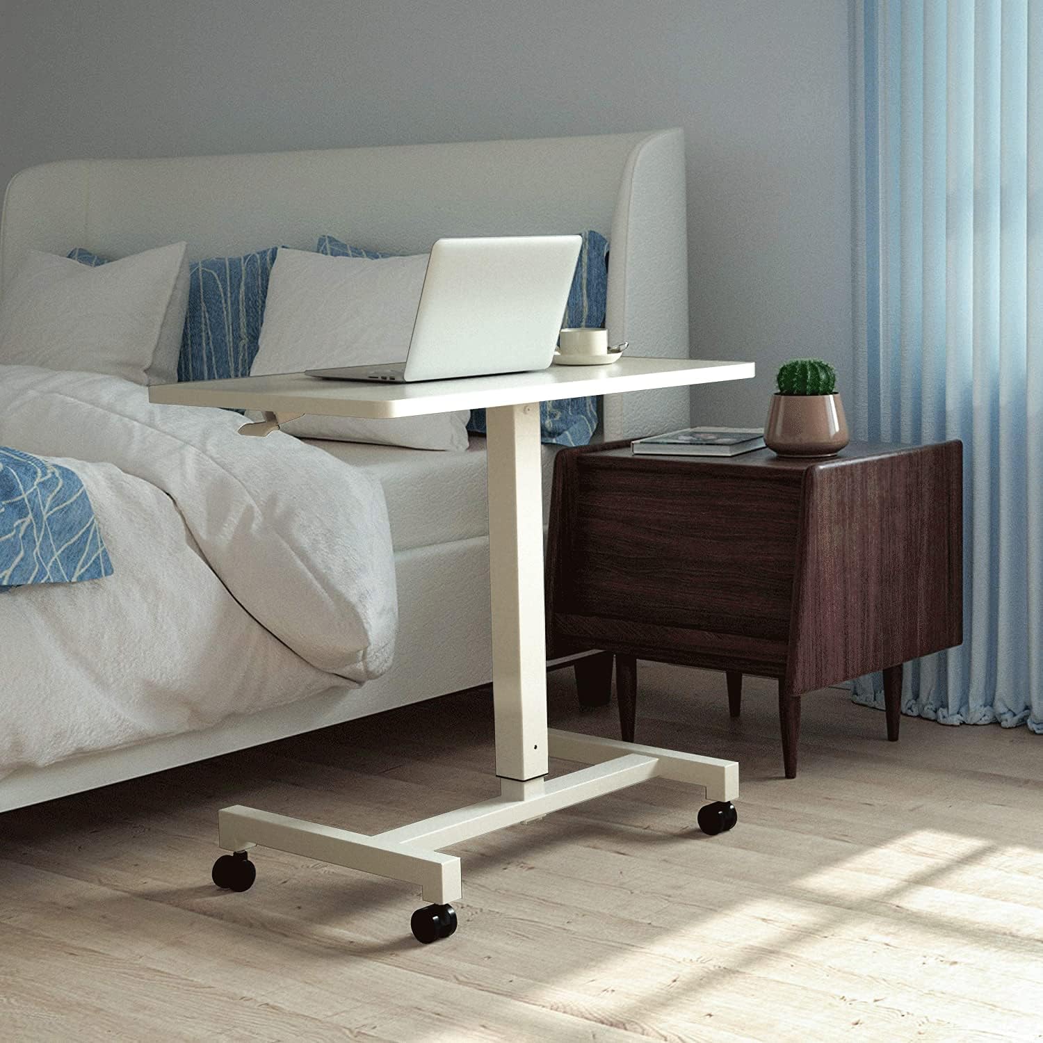 27'' Pneumatic Adjustable Height Desk Mobile Laptop Standing Desk Cart, Portable Sit Stand Rolling Table for Home Office by FitDesk White: Kitchen & Dining