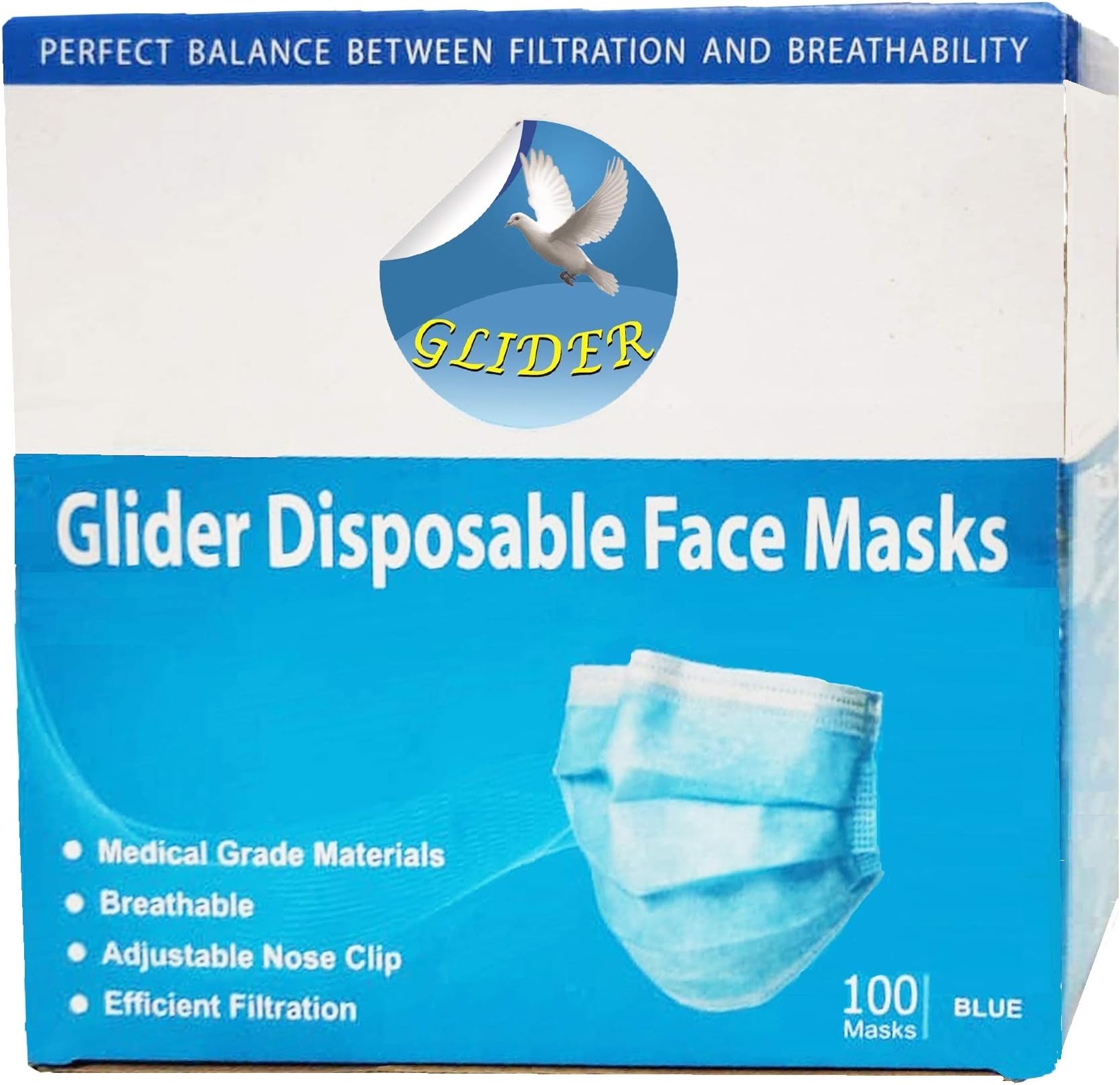 Glider Disposable Face Masks with Elastic Ear-Loop 2 Ply Breathable and Comfortable for Blocking Dust Air Pollution & Protection (100 in a Box)