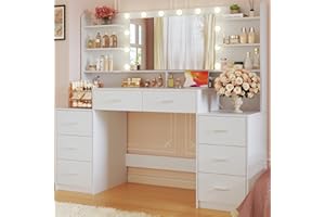 HUAHUU Large Vanity Desk with Mirror & Lights, White Makeup Vanity with 8 Drawers & 6 Storage Shelves, Vanity Set with LED Lights and Power Outlet, 3 Lighting Modes, Adjustable Brightness