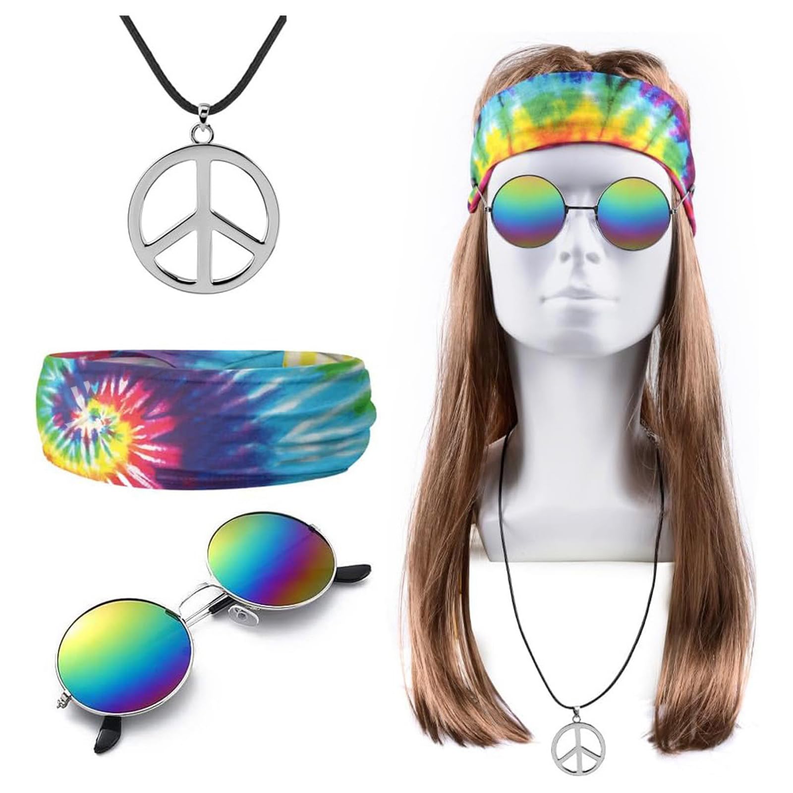 DKDDSSS 4 Pieces Hippie Costume Set, Hippie costume Accessories Set, hippie costumes Halloween Costumes for Men, for 60s or 70s Hippy Party Costume Accessories