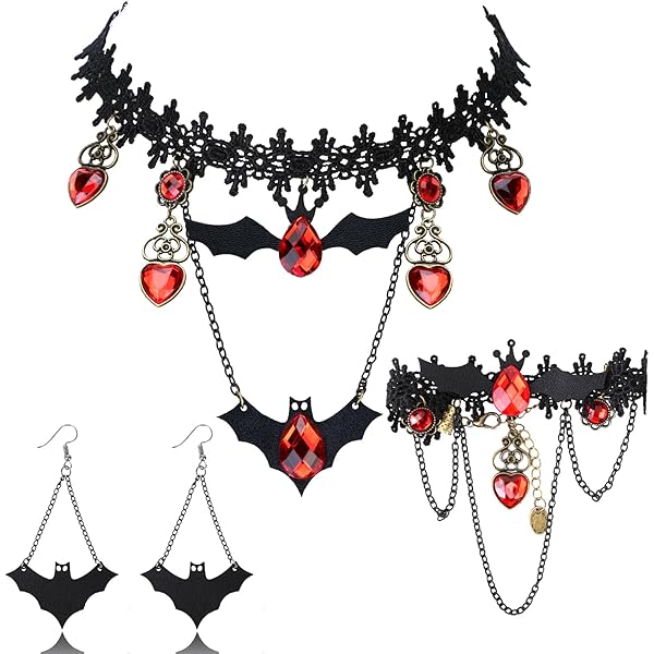 DPKOW Lot De 4 Colliers Ras Du Cou Gothiques En Dentelle Noire - Bracelet Araignée - Accessoires De Vampire Victorien Pour Halloween, Fête De Cosplay Zombie, Rouge, Noir