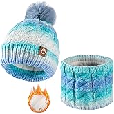 Bodvera Womens Winter Beanie Hat Scarf Set,Thermal Fleece Lined Women Beanie with Pom Warm Knitted Neck Scarf Cold Weather