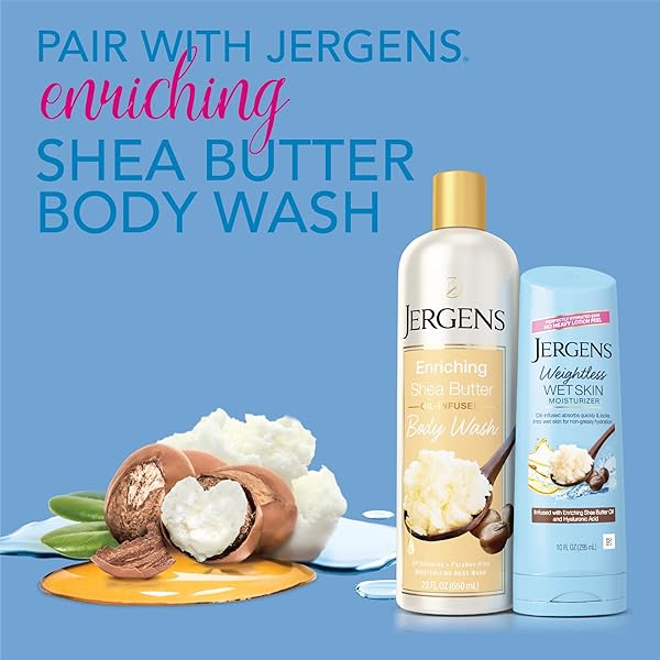 JERGENS WET SKIN BODY MOISTURIZER WITH SHEA BUTTER OIL, PURE SHEA BUTTER IN SHOWER BOD LOTION, MOISTURIZER FOR DRY SKIN, FAST-ABSORBING, NON-STICKY, DERMATOLOGIST TESTED, 10 OZ