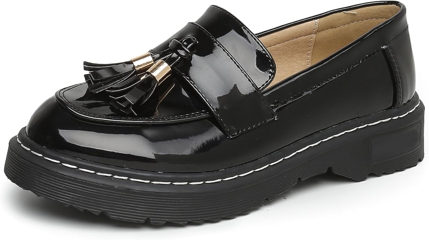 Minotta Ladies Girls PU Basic Tassel Waterproof Loafers Work School