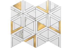 DICOFUN 10-Sheet White Marble Look Triangle Mosaic Tiles Peel and Stick Backsplash for Kitchen, PVC Mixed Metal Gold Chevron Stick on Backsplash Wall Tiles