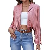 American Trends Womens Casual Faux Leather Jacket Fringe Tops Tassel Suede Cropped Coats Motorcycle Jacket