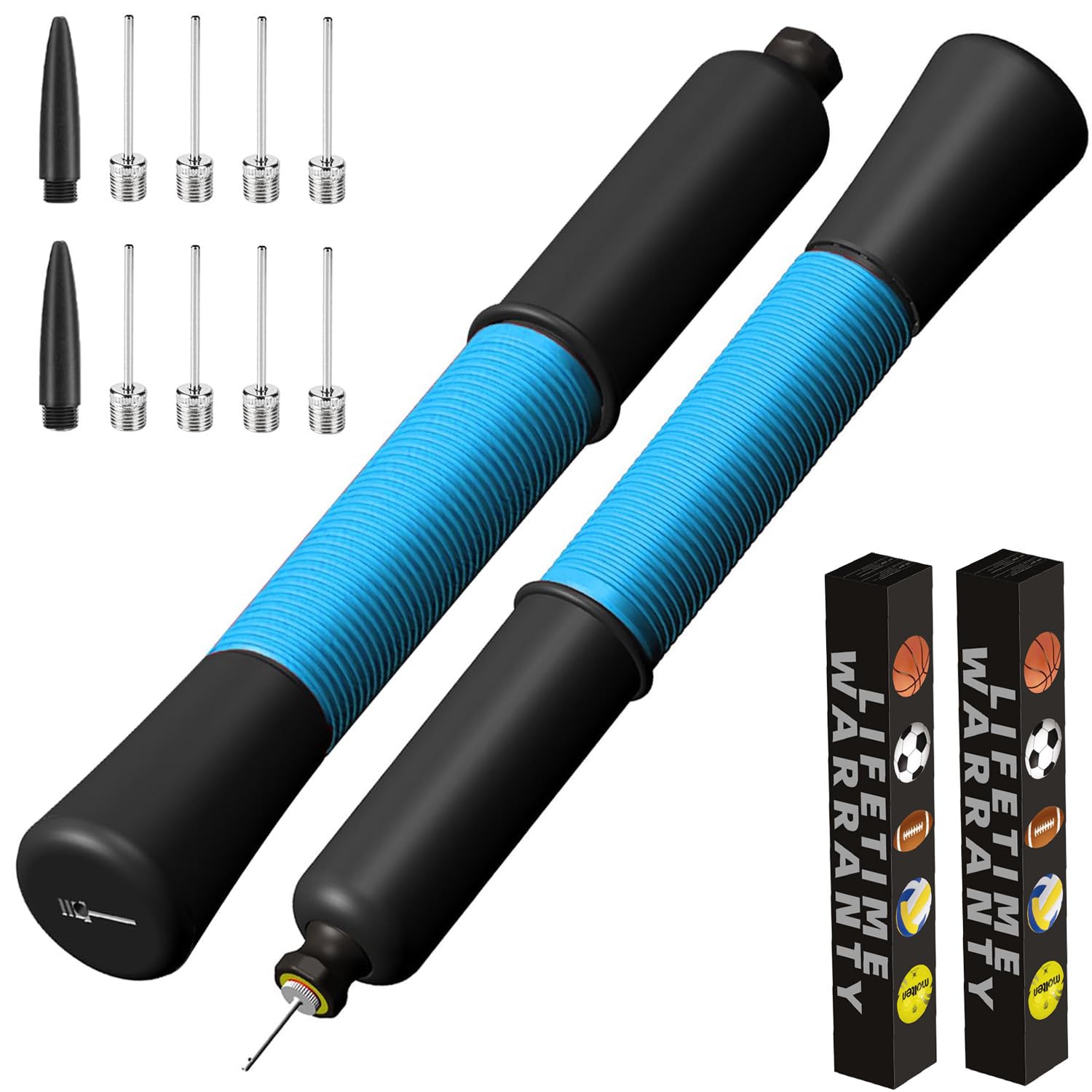 Ball Pump with Needle Storage(Never Lose Pin) Football Pump with 5 Needles and Extendable Cable, Soccer Football, Volleyball Rugby Ball Inflator - Great for All Balls - 2 Pack