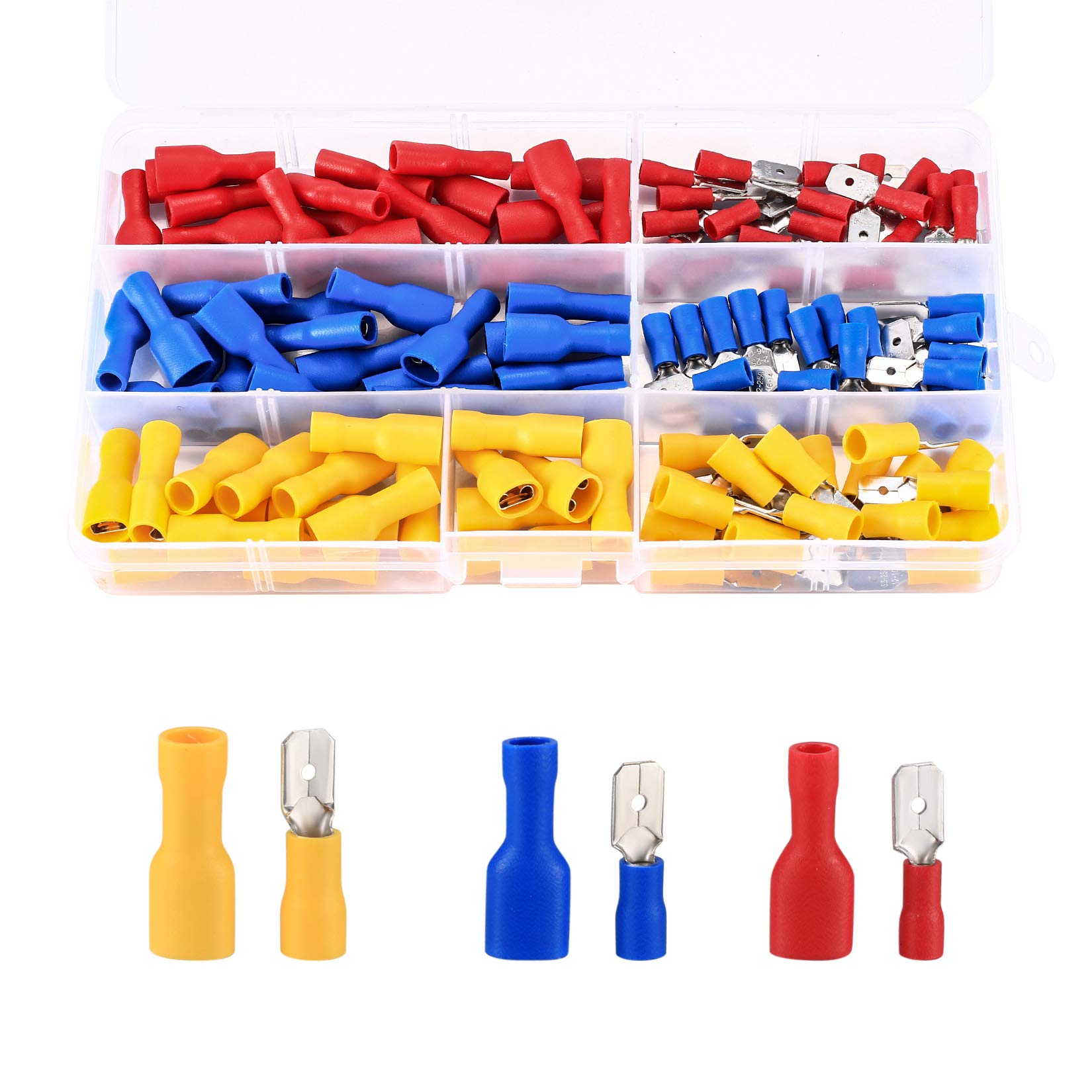 Ewwtrey 200 Pcs Car Electrical Connectors, 0.5-6.0mm² Wire Connectors, Male and Female Spade Connectors, Crimp Terminal Connectors, Copper and Nylon, Red Blue Yellow, AWG 22-10