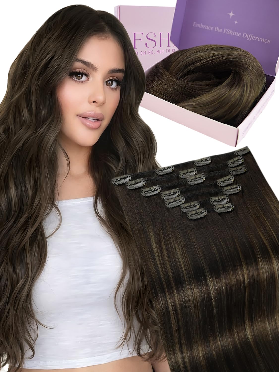Fshine Clip in Hair Extensions 16 Inch 105g 7PCS Dark Brown Fading to Light Brown Highlight Hair Straight Remy Hair for Women