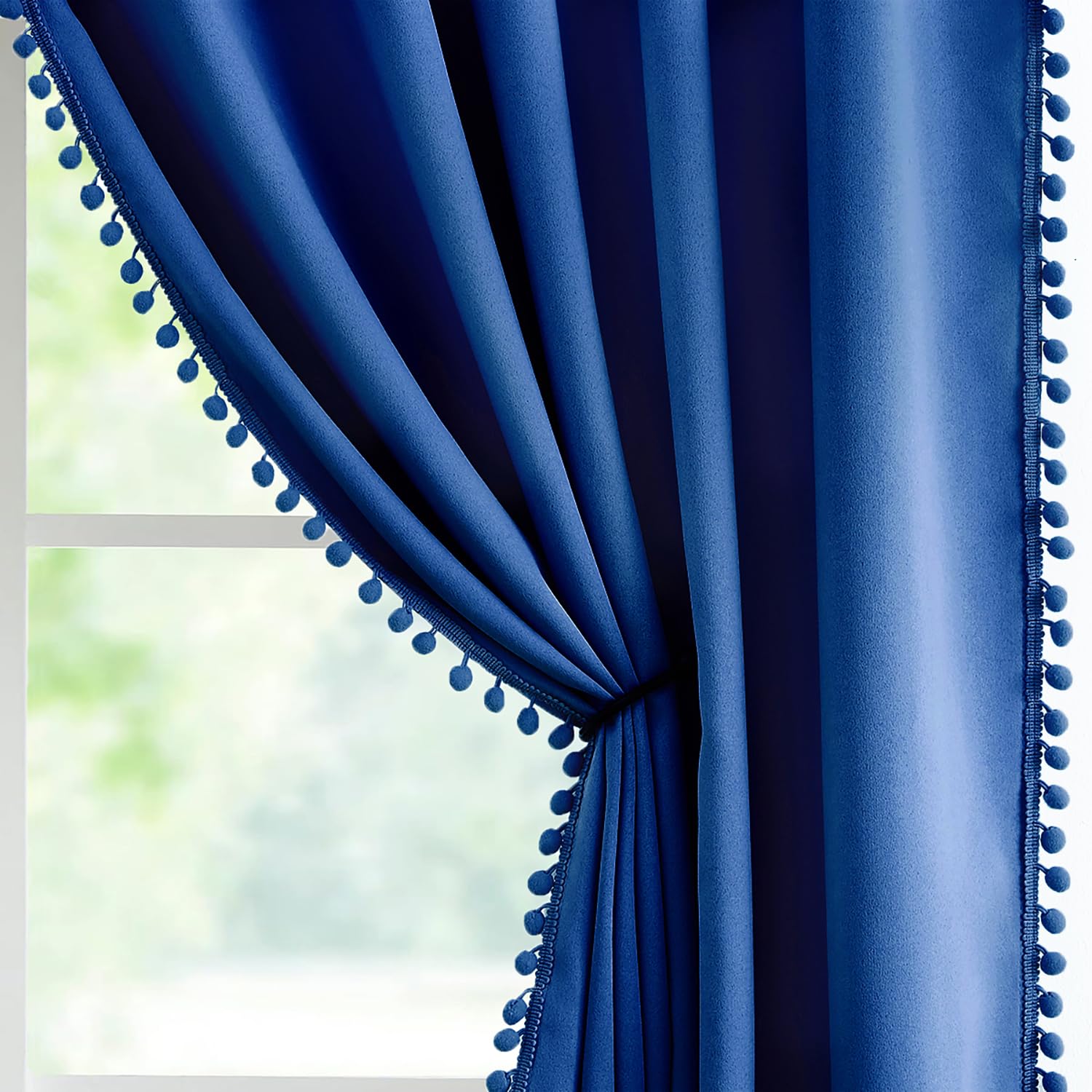 Royal Blue Pom Pom Blackout Curtains for Bedroom 72 inch Length Eyelet Top Energy Saving Window Curtains for Living Room Darkening Treatment Curtain Sets for Men's Guest Room 54"W 2 Panels