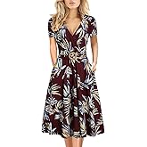 Women's Elegant Criss-Cross V Neck Vintage Short Sleeve Work Casual Fit and Flare Tea Dress with Pockets 980