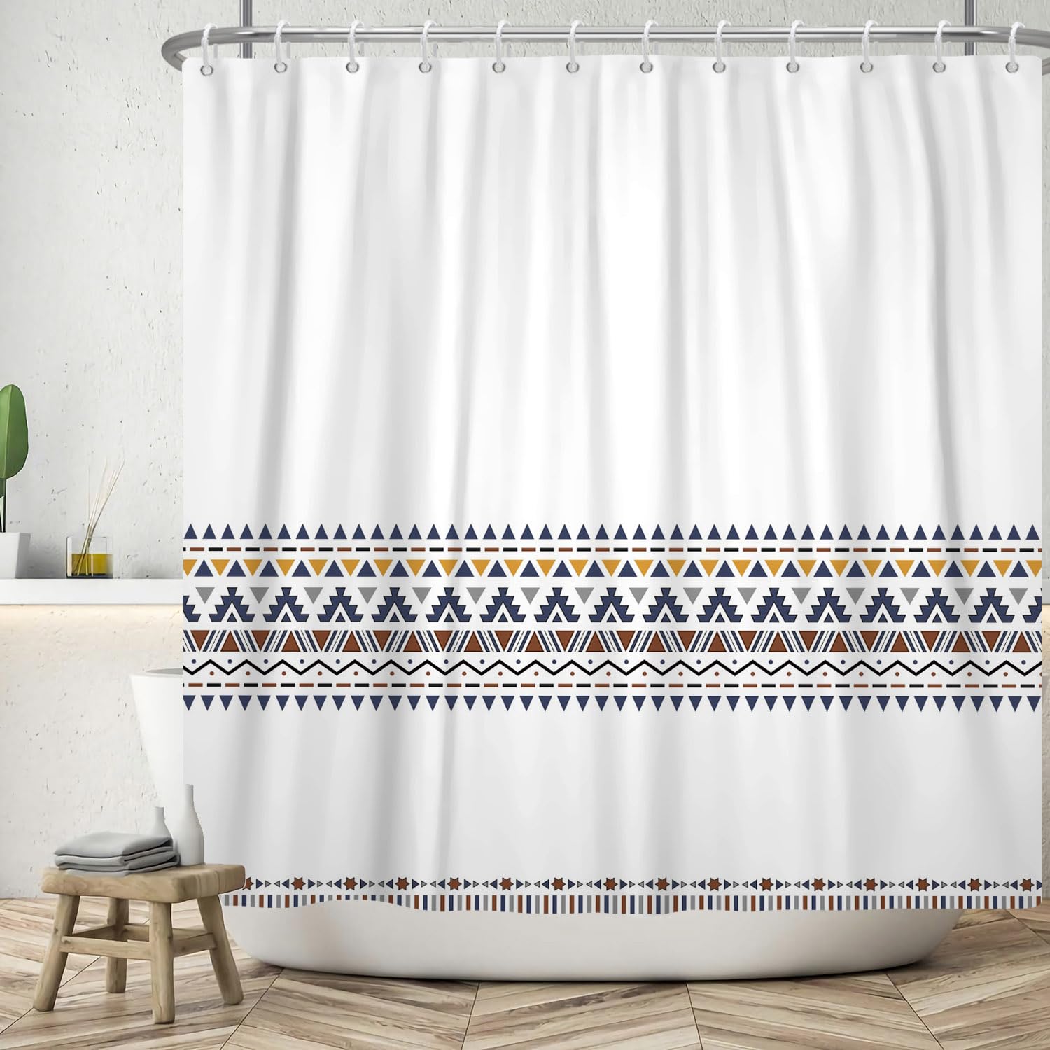 ASDCXZ Boho Shower Curtain 180x200 cm, Modern Boho Navy Blue Yellow Brown Rule Geometry Pattern White Bath Washable Shower Curtains Polyester Textile Waterproof Bath Curtain for Bathtub with 12 Hooks — image 1