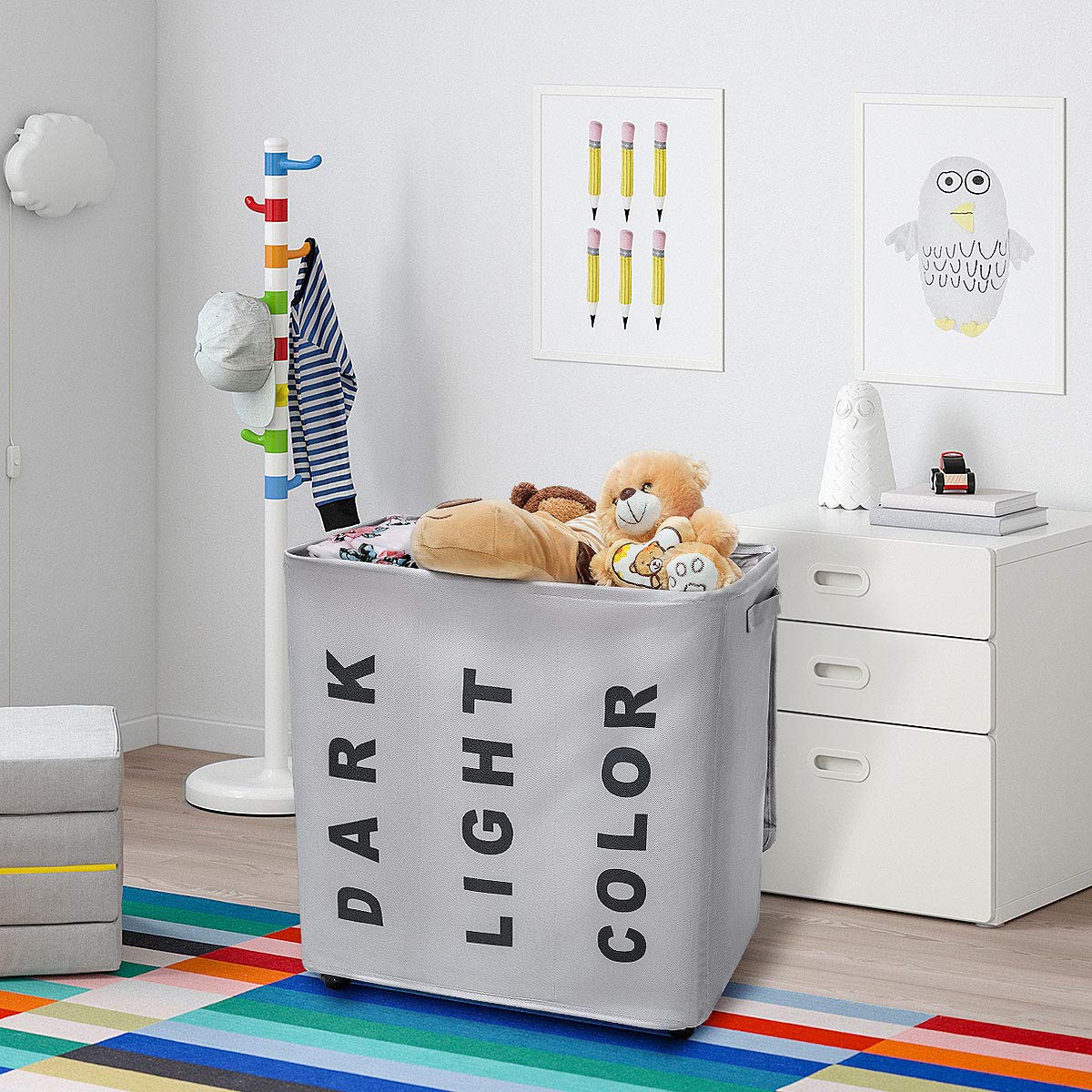 WOWLIVE 3 Section Laundry Hamper Lid Rolling Laundry Basket Wheels Laundry Sorter Removable Dividers Waterproof Durable Dirty Clothes Organizer Storage Bin (Gray)