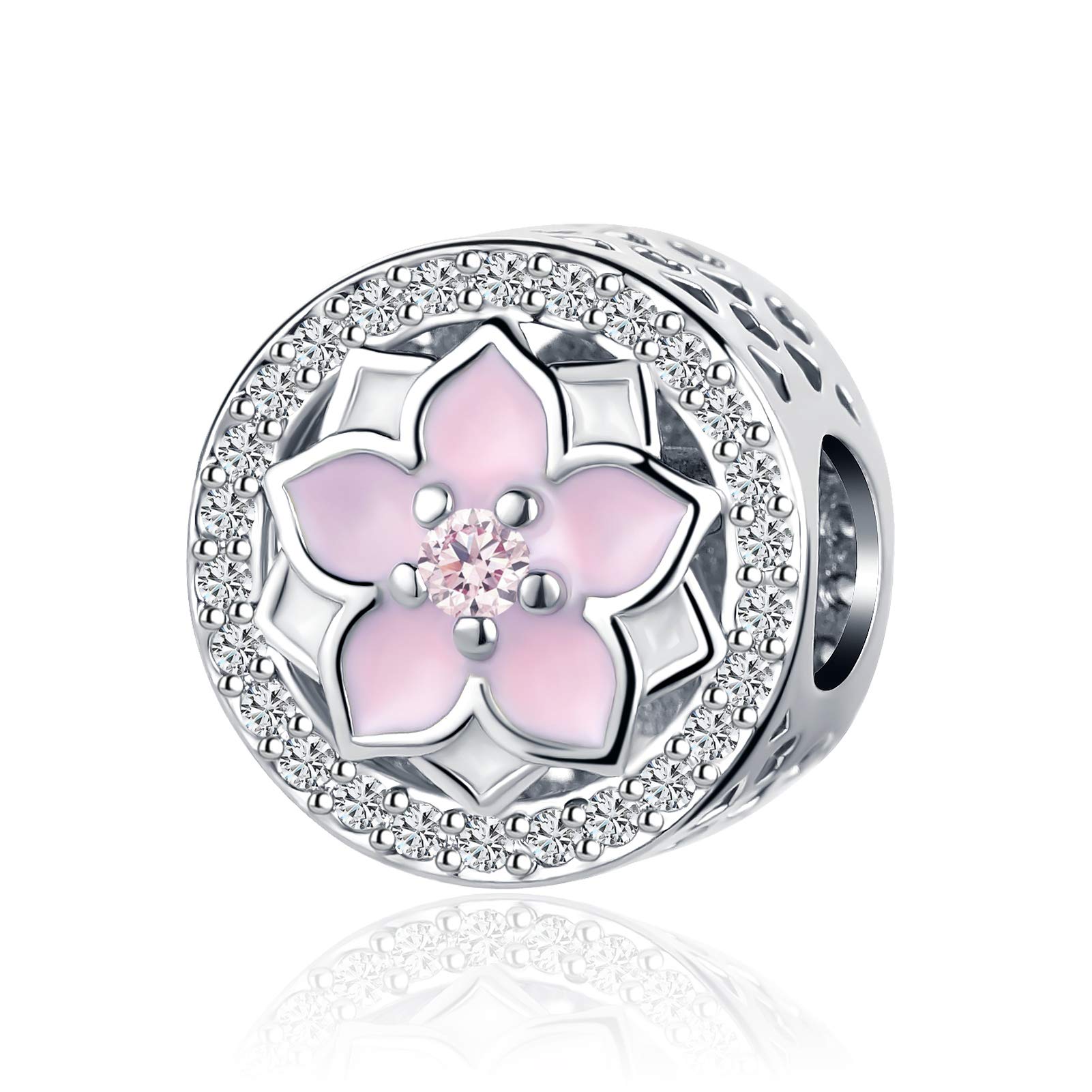 Pink Orchid Flower Radiant Heart Charm fits Pandora Charms Bracelets Christmas Birthday Jewellery Gift for Women Daughter Sister Granddaughter