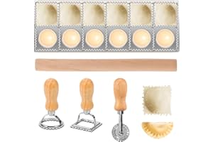 6 Pcs Ravioli Maker Press Mold, Ravioli Stamp Maker Cutter and Pasta Cutter Wheel, Rolling Pin