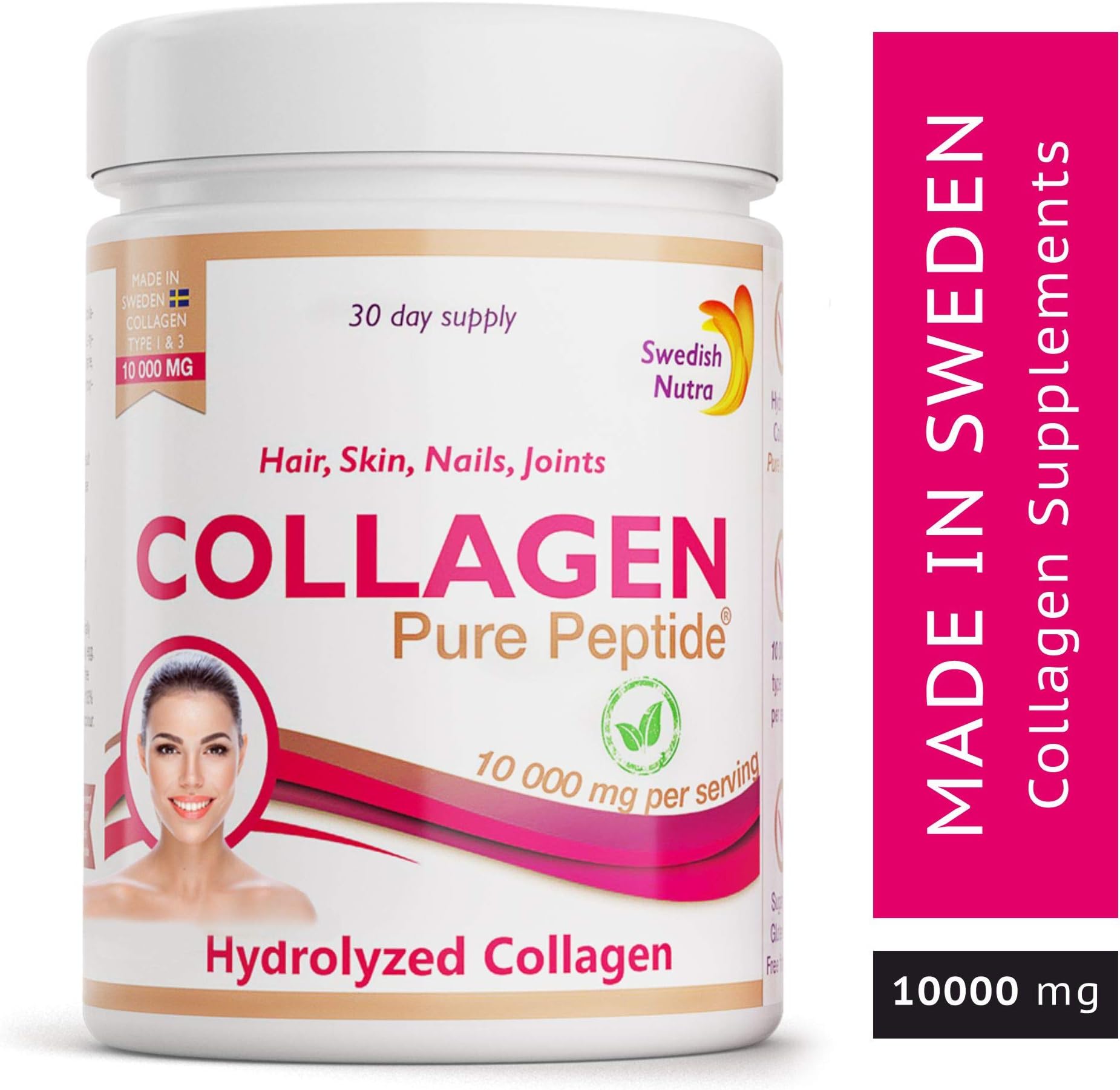 Swedish Nutra- Hydrolised Collagen Type 1&3 - 10000 mg + Hyaluronic Acid- 300 GMS