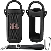 for JBL Grip Portable Waterproof Speaker Silicone Case, Portable Travel Soft Cover with Shoulder Strap and Carabiner, Protective Skin Case (Black) - co2CREA