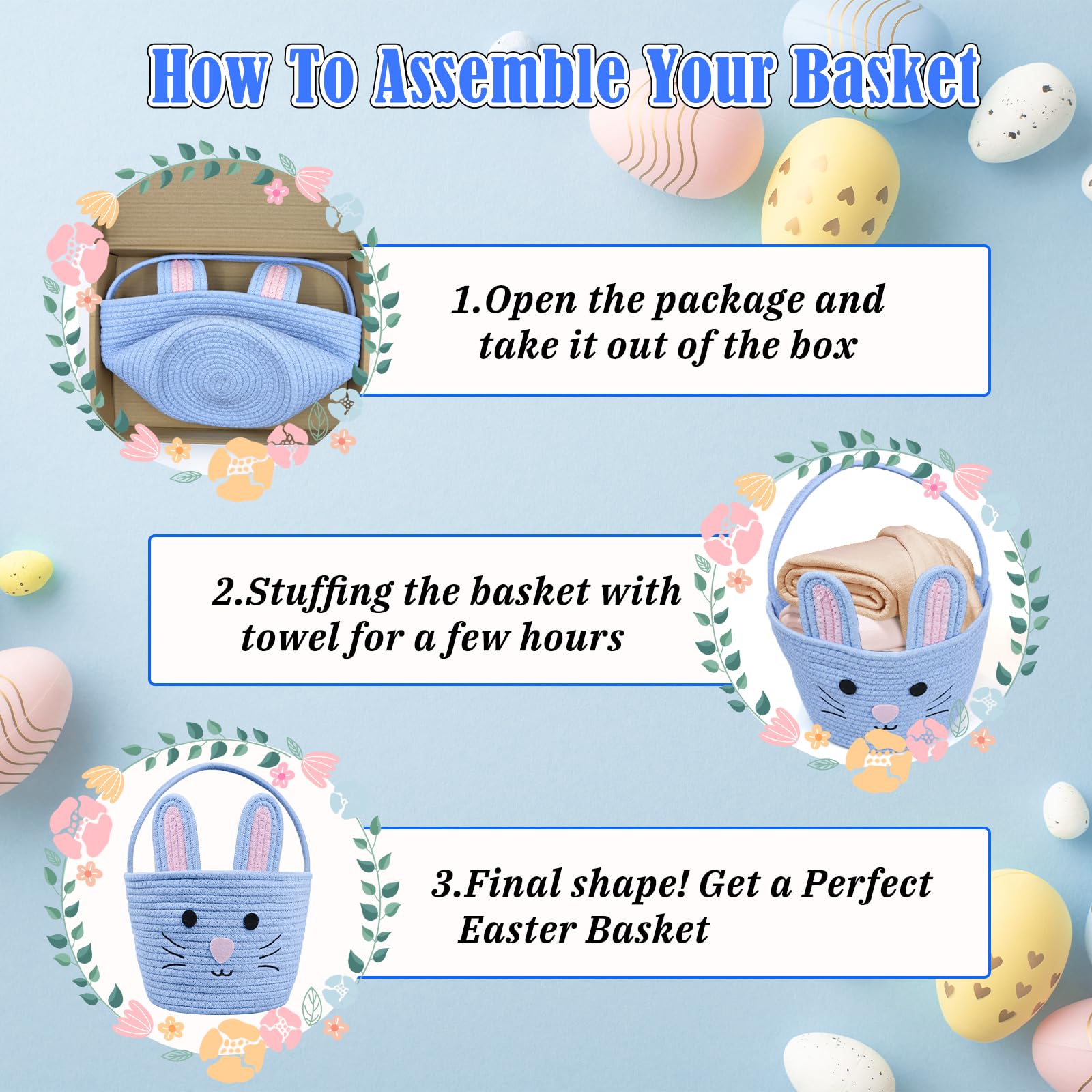 Brbecon Easter Bunny Basket for Kids with Name Tag, Blue Small Woven Easter Basket for Girls, Easter Egg Hunt Baskets Bags Easter Gifts Basket for Girls Baby Kids Children 9.8 x 7.8 x 7.8