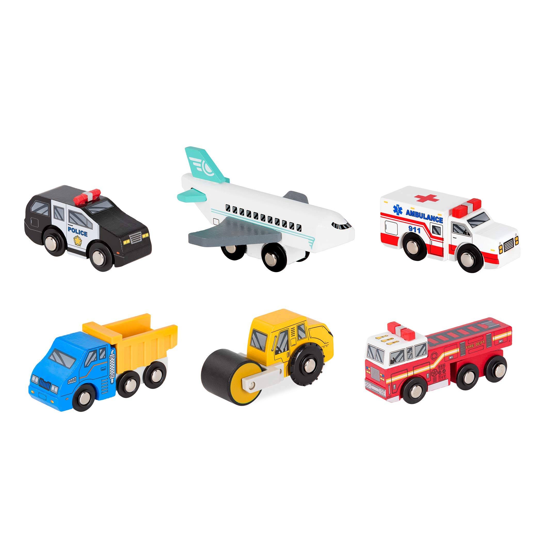 Battat โ Miniature Toy Cars โ 6 Pieces Wooden Minis โ Classic Rescue & Construction Vehicles โ Steamroller, Dump Truck โ 3+ Yearsโ Wooden Vehicles Set 2