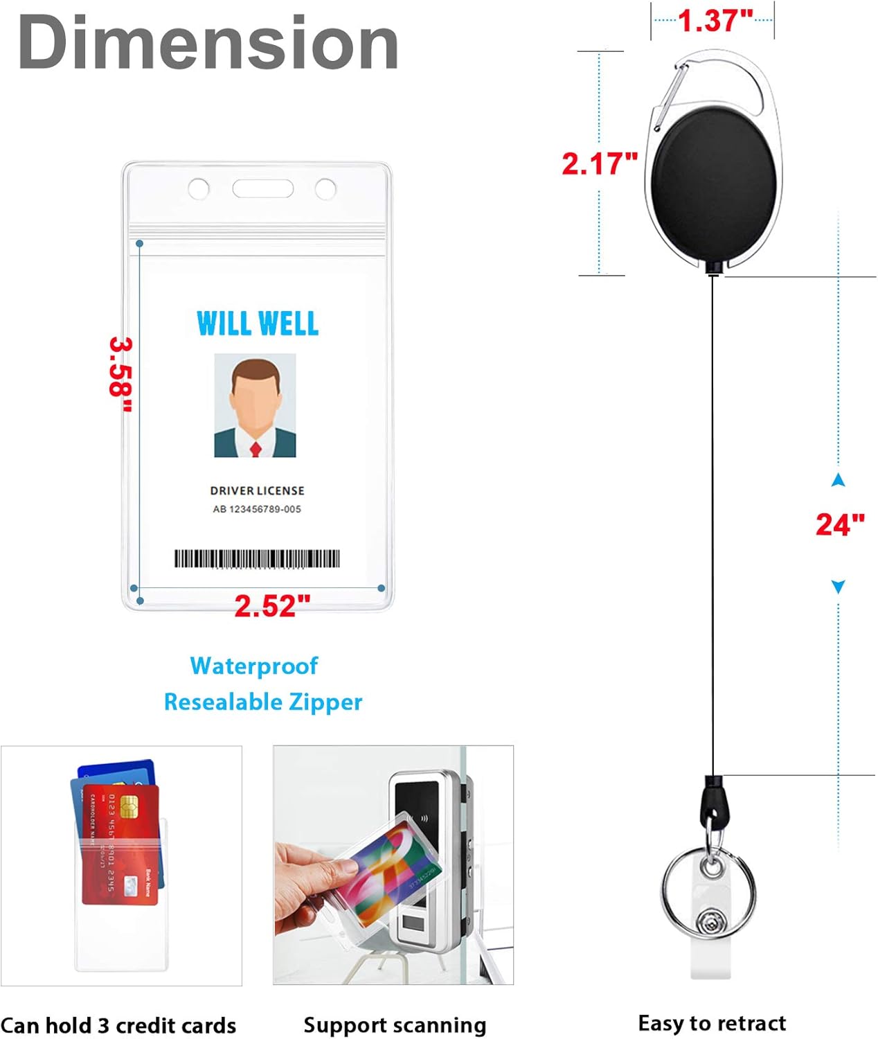 2 Pack Heavy Duty Retractable Badge Holders with Carabiner Reel Clip and Vertical Style Clear ID Card Holders, 24 inches Thick Kevlar Pull Cord : Office Products