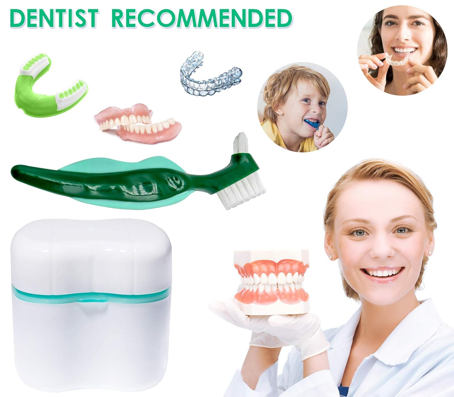Denture Case, Denture Cups Bath, Toothbrush with hard denture and portable toothbrush box, Dentures Container with Basket Denture Holder for Travel (Green) : Beauty