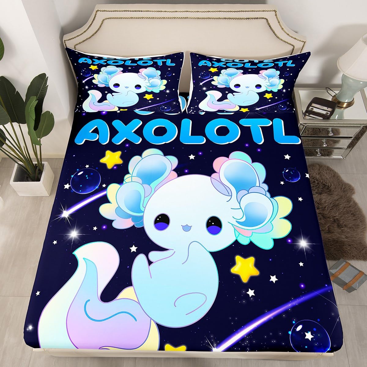 Galaxy Axolotl Bed Sheet Set Cute Axolotl Bedding Set for Kids Cartoon Salamander Fitted Sheet Blue Axolotl Bed Cover Sealife Bed Set Single
