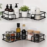 Kit 2 Prateleiras de Canto Preto para Banheiro e Cozinha – Organizador Suspenso em Aço Antiferrugem, Sem Furos, com Adesivo F