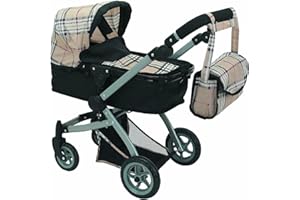 Mommy & Me Babyboo Doll Pram Foldable Doll Stroller with Basket, Convertible Seat, Adjustable Handle, Swiveling Wheels, and Free Carriage Bag - Beige Plaid